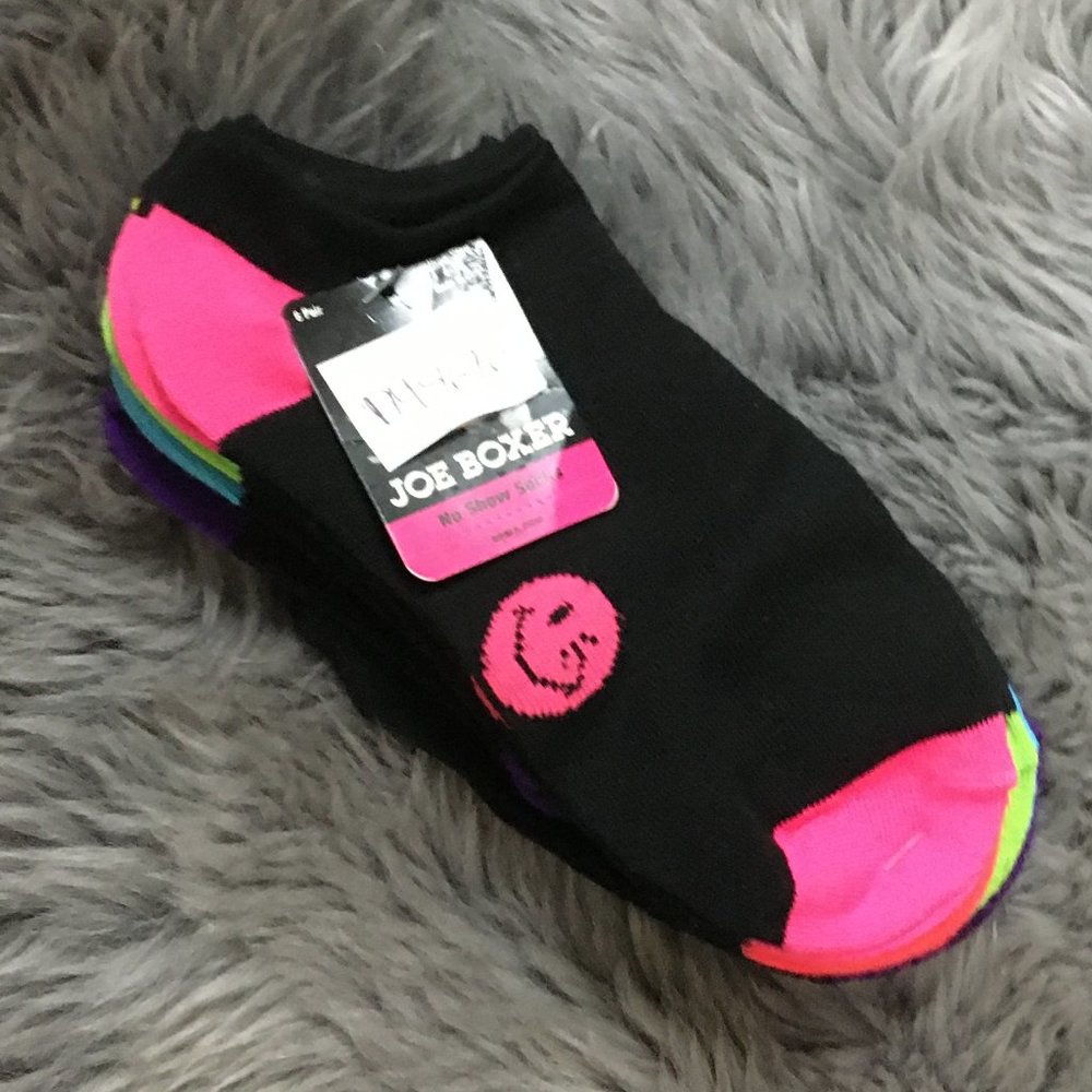 Joe Boxer | Girl's No Show Socks | 6 Pack | Black & Neon | Size 4-10